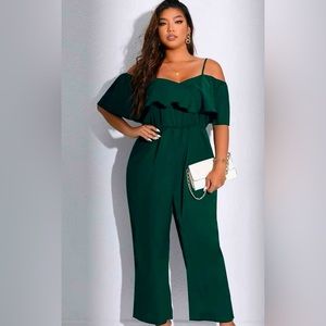 Plus Ruffle Trim Cold Shoulder Jumpsuit